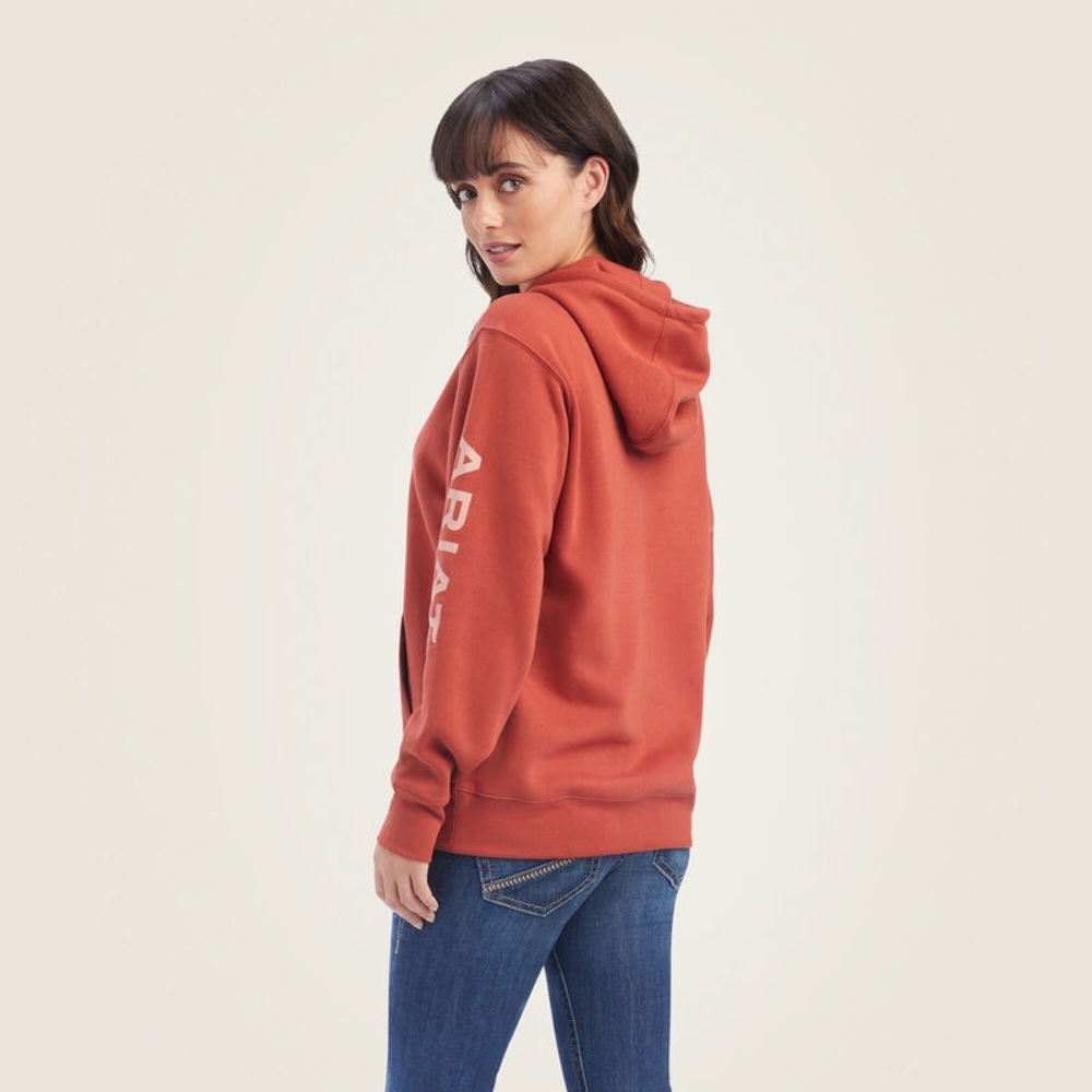 Ariat REAL Classic Arm Logo Hoodie Sweat Fleece Lined Orange Cotton Blend Medium - Picture 2 of 16